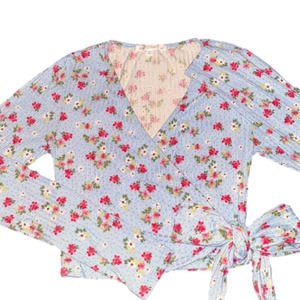 NWOT, Blue and Pink Floral Tie Long Sleeve Crop Top